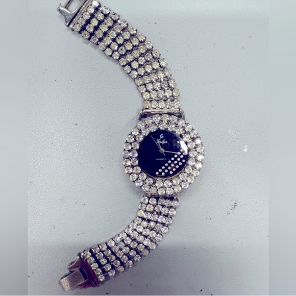Jalga Vintage Crystal Bracelet Watch Prong Set Rhinestones New Battery - Picture 3 of 7